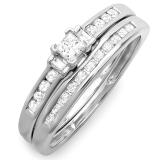 0.50 Carat (ctw) 10k White Gold Brilliant Round Princess & Baguette Cut Diamond Ladies Bridal Engagement Ring Set 1/2 CT