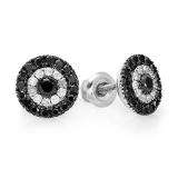 1.00 Carat (ctw) Sterling Silver Black & White Round Cut Diamond Circles Stud Earrings 1 CT