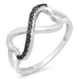 0.15 Carat (ctw) 10k White Gold Round Black Diamond Ladies Two Double Heart Infinity Love Engagement Promise Ring