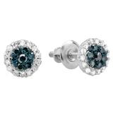 0.30 Carat (ctw) 14k White Gold Blue & White Diamond Ladies Cluster Flower Stud Earrings 1/3 CT