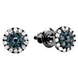 0.30 Carat (ctw) Black Rhodium Plated 10k White Gold Blue & White Diamond Ladies Cluster Flower Stud Earrings 1/3 CT