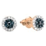 0.30 Carat (ctw) 10k Rose Gold Blue & White Diamond Ladies Cluster Flower Stud Earrings 1/3 CT