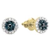 0.30 Carat (ctw) 10K Yellow Gold Blue & White Diamond Ladies Cluster Flower Stud Earrings 1/3 CT