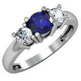 1.00 Carat (ctw) 14k White Gold Round Blue Sapphire and White Diamond Ladies 3 Stone Bridal Engagement Ring 1 CT