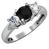 1.00 Carat (ctw) 10k White Gold Round Black and White Diamond Ladies 3 Stone Bridal Engagement Ring 1 CT