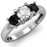 1.00 Carat (ctw) 18k White Gold Round White and Black Diamond Ladies 3 Stone Bridal Engagement Ring 1 CT