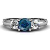 1.00 Carat (ctw) 14k White Gold Round Blue and White Diamond Ladies 3 Stone Bridal Engagement Ring 1 CT
