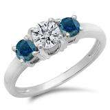 1.00 Carat (ctw) 14k White Gold Round White and Blue Diamond Ladies 3 Stone Bridal Engagement Ring 1 CT