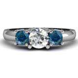 1.00 Carat (ctw) 14k White Gold Round White and Blue Diamond Ladies 3 Stone Bridal Engagement Ring 1 CT