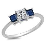 1.00 Carat (ctw) 10k White Gold Princess Cut White Diamond and Blue Sapphire Ladies Bridal 3 Stone Engagement Ring 1 CT