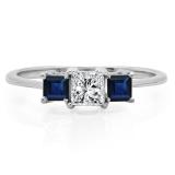 1.00 Carat (ctw) 14k White Gold Princess Cut White Diamond and Blue Sapphire Ladies Bridal 3 Stone Engagement Ring 1 CT