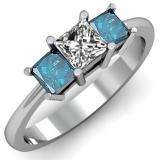 1.00 Carat (ctw) 14k White Gold Princess Cut White and Blue Diamond Ladies Bridal 3 Stone Engagement Ring 1 CT