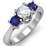 1.00 Carat (ctw) 14k White Gold Round White Diamond and Blue Sapphire Ladies 3 Stone Bridal Engagement Ring 1 CT