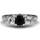 1.00 Carat (ctw) 14K White Gold Round Black and White Diamond Ladies 3 Stone Bridal Engagement Ring 1 CT