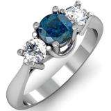 1.00 Carat (ctw) 14k White Gold Round Blue and White Diamond Ladies 3 Stone Bridal Engagement Ring 1 CT