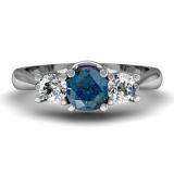 1.00 Carat (ctw) 14k White Gold Round Blue and White Diamond Ladies 3 Stone Bridal Engagement Ring 1 CT