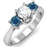 1.00 Carat (ctw) 14k White Gold Round White and Blue Diamond Ladies 3 Stone Bridal Engagement Ring 1 CT