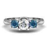 1.00 Carat (ctw) 14k White Gold Round White and Blue Diamond Ladies 3 Stone Bridal Engagement Ring 1 CT