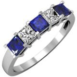 1.00 Carat (ctw) 14k White Gold Princess Cut Blue Sapphire and White Diamond Ladies 5 Stone Bridal Wedding Band Anniversary Ring 1 CT