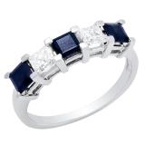 2.00 Carat (ctw) 14k White Gold Princess Cut Blue Sapphire and White Diamond Ladies 5 Stone Bridal Wedding Band Anniversary Ring 2 CT