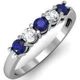 0.50 Carat (ctw) 14K White Gold Round Blue Sapphire and White Diamond Ladies 5 Stone Bridal Wedding Band Anniversary Ring 1/2 CT