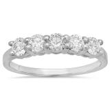 1.00 Carat (ctw) 14K White Gold Round White Diamond Ladies 5 Stone Bridal Wedding Band Anniversary Ring 1 CT