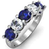 2.00 Carat (ctw) 14K White Gold Round Blue Sapphire and White Diamond Ladies 5 Stone Bridal Wedding Band Anniversary Ring 2 CT