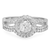 1.00 Carat (ctw) 14k White Gold Round Diamond Ladies Split Shank Halo Style Bridal Engagement Ring Set With Matching Band 1 CT