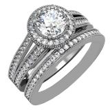 1.00 Carat (ctw) 14k White Gold Round Diamond Ladies Split Shank Halo Style Bridal Engagement Ring Set With Matching Band 1 CT
