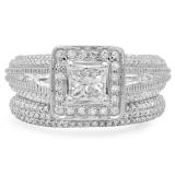 2.30 Carat (ctw) 14k White Gold Princess and Round Diamond Ladies Halo Style Bridal Engagement Ring Set With Matching Band 2 1/3 CT