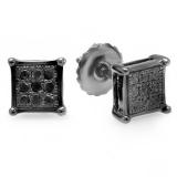 0.05 Carat (ctw) Black Rhodium Plated Sterling Silver Round Black Diamond Square Shape Men's Hip Hop Iced Stud Earrings