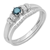 0.30 Carat (cttw) Round Blue and White Diamond Bridal Engagement Ring Set 1/3 CT 14K White Gold