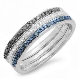 0.10 Carat (ctw) Sterling Silver Round Black Blue and White Real Diamond Wedding Anniversary Stackable Band 3 pcs Ring Set 1/10 CT