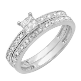 0.30 Carat (ctw) 10k White Gold Princess & Round Diamond Ladies Bridal Engagement Ring Wedding Set with Matching Band 1/3 CT