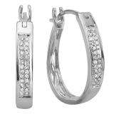 0.11 Carat (ctw) 925 Sterling Silver Round Diamond Ladies Micro Pave Hoop Earrings 1/10 CT