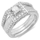 1.00 Carat (ctw) 14k White Gold Princess and Round Cut Diamond Ladies Bridal Halo Style Engagement Ring Set With Matching Band 1 CT