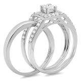 1.00 Carat (ctw) 14k White Gold Princess and Round Cut Diamond Ladies Bridal Halo Style Engagement Ring Set With Matching Band 1 CT