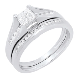 0.50 Carat (ctw) 10k White Gold Princess & Round Diamond Ladies Bridal Engagement Ring Set Matching Band 1/2 CT