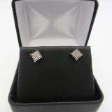 0.05 Carat (ctw) 10K White Gold Round Diamond V Prong Square Shape Men's Hip Hop Iced Stud Earrings