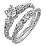 IGI CERTIFIED 1.45 Carat (ctw) 14K White Gold Round Diamond Ladies 3 Stone Bridal Engagement Ring Set With Matching Band 1 1/2 CT