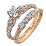 1.30 Carat (ctw) 14k Rose Gold Round Diamond Ladies 3 Stone Bridal Engagement Ring Set With Matching Band