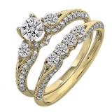 1.30 Carat (ctw) 14k Yellow Gold Round Diamond Ladies 3 Stone Bridal Engagement Ring Set With Matching Band