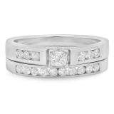 0.60 Carat (ctw) 14k White Gold Princess & Round Diamond Ladies Bridal Engagement Ring Set With Matching Band