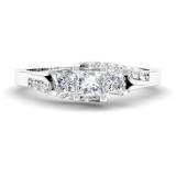 IGI CERTIFIED 0.48 Carat (ctw) 14K White Gold Princess & Round Diamond Ladies Bridal 3 Stone Swirl Wave Engagement Ring 1/2 CT