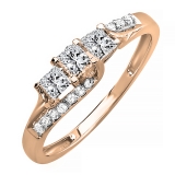 0.48 Carat (ctw) 14k Rose Gold Princess & Round Diamond Ladies Bridal 3 Stone Swirl Wave Engagement Ring 1/2 CT