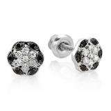 0.22 Carat (ctw) 10K White Gold Round Black and White Diamond Ladies Two Tone Flower Fine Cluster Stud Earrings 1/4 CT