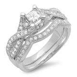 0.90 Carat (ctw) 14k White Gold Princess & Round Diamond Ladies Bridal Engagement Ring With Matching Band Set