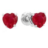 1.30 Carat (ctw) 14K White Gold Heart Shape Natural Ruby Ladies Stud Earrings 1 1/3 CT