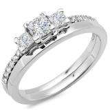 0.85 Carat (ctw) 14K White Gold Princess & Round Diamond Ladies 3 Stone Bridal Engagement Ring Matching Wedding Band Set