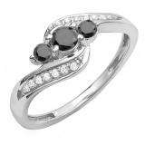 0.50 Carat (ctw) 10K White Gold Round Black & White Diamond Ladies Swirl 3 Stone Bridal Engagement Ring 1/2 CT